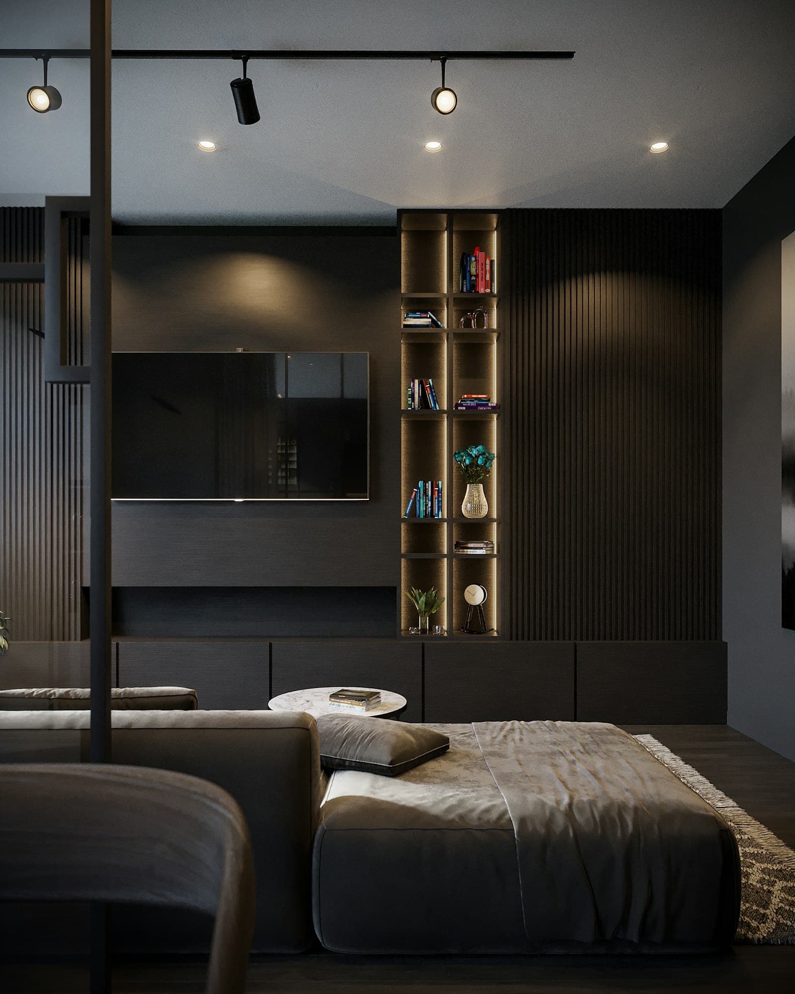 Chambre contemporaine sombre, bois chaud et éclairage d’accentuation muséal.